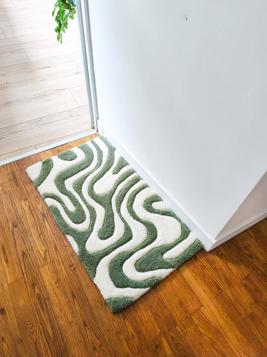 TAPIS RECTANGULAIRE VERT OLIVE & ÉCRU